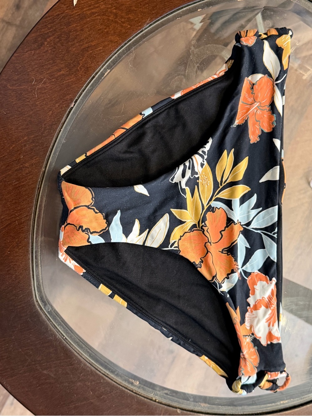 Roxy Black Floral Bikini Bottom with Yellow & Light Blue Blooms size medium